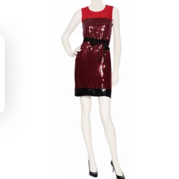 NWT $345 DKNY Sleeveless Red Lacquer Color Block Stretch Sequin Sheath Dress - Picture 2 of 16